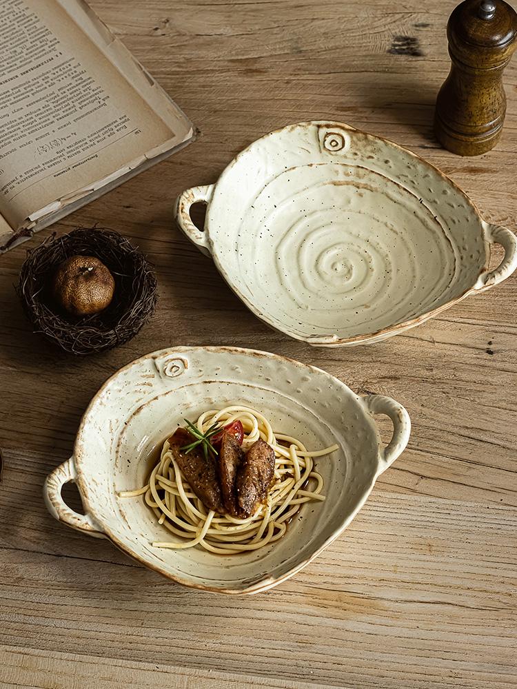 Тарелка из грубой керамики, японская ретро керамическая тарелка с двойными ручками, тарелка для салата, бытовая тарелка для фруктов ручной работы, салатник