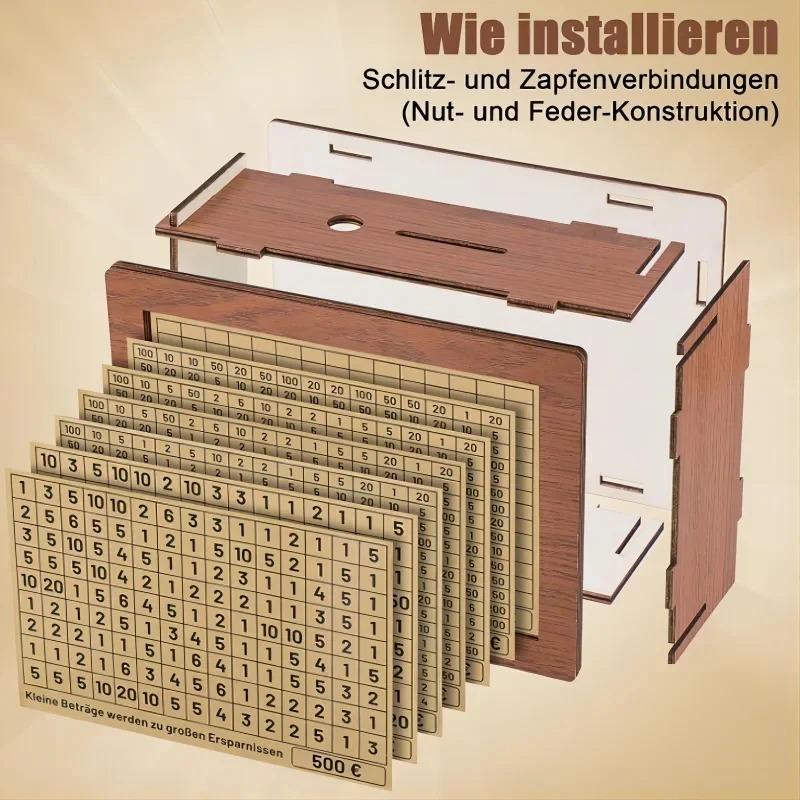 500/1000/2000/3000/5000/10000 Euro Money Box Piggy Bank Wood Money Bank Reusable Money Box with Saving Goal and Numbers Boxes