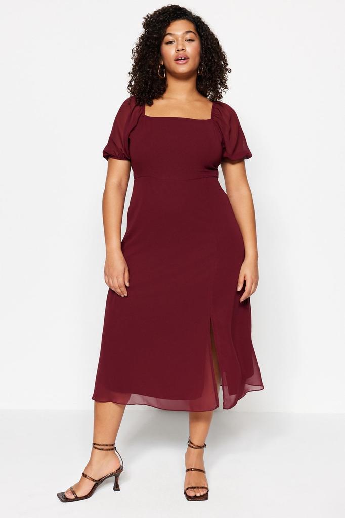 Women's Style Plus Size Burgundy Woven Slit Dress