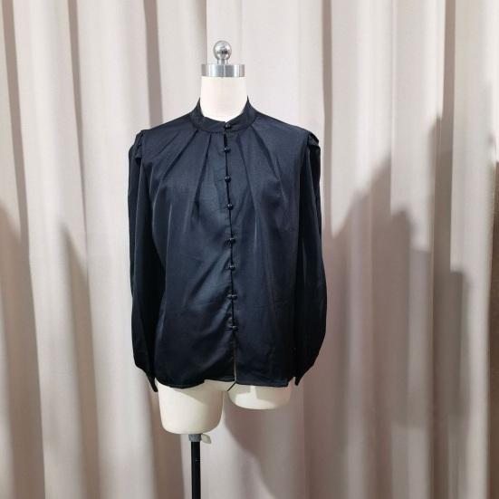 Женская рубашка с воротником-стойкой, пышными длинными рукавами, планкой на пуговицах, топ, однотонная, свободная