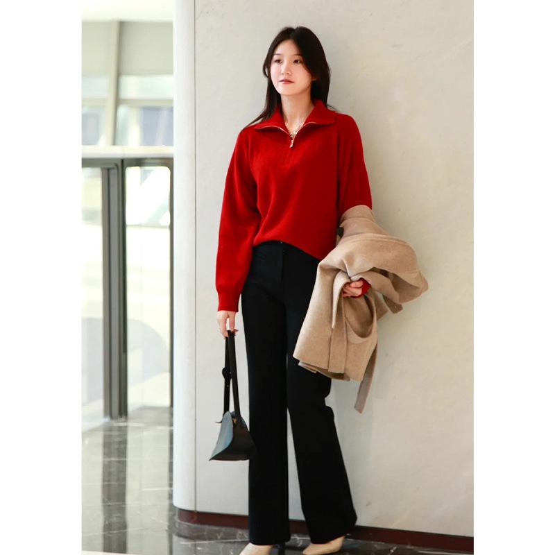 2025 Red Wool Zip-Up Collar Knit Pullover for Women - New Year Collection
