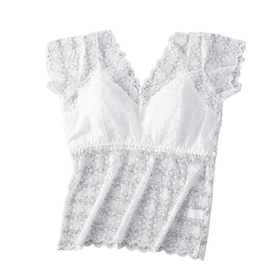 Women Lace Top Mesh Sheer Short Sleeve V Neck Undershirt with Padded Bra Floral Lace Tank Top Summer Casual Basic Shirt