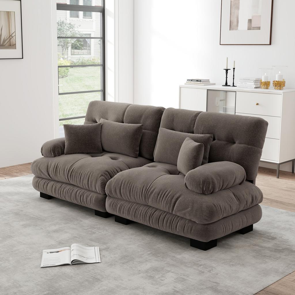 Cloud Corner Sofa for Living Room, Chenille Double Sofa with 2 Lumbar Pillows and 2 Decorative Pillows, Solid Wood Frame, Chenille Brown
