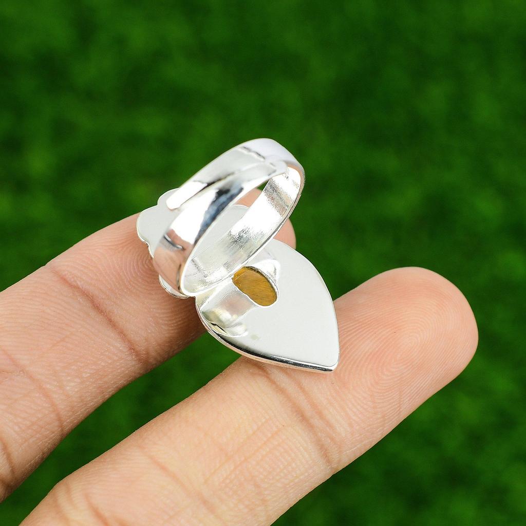Natural Tiger'S Eye Gemstone Multi Stone Flower Adjustable Ring 925 Silver