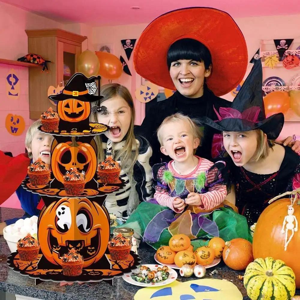 Halloween Pumpkin Multi Layer Cake Stand Paper Dessert Tray Party Snack Display Holder Ghost Festival Table Decor Supplies