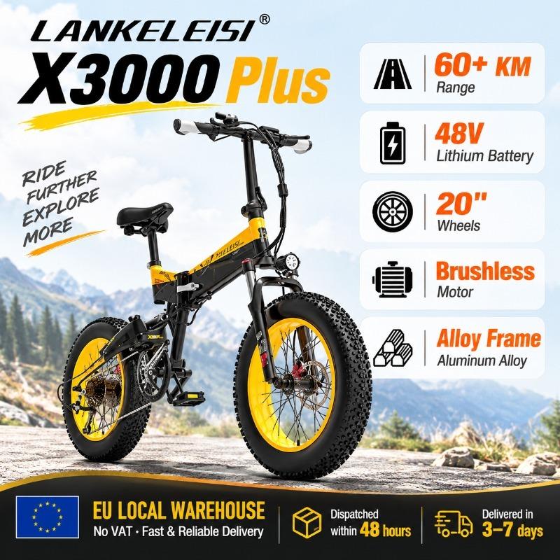 LANKELEISI X3000 Plus Electric Bike, 1000W Motor, 48V 17.5Ah Lithium Battery, 20"x4.0" Fat Tire Adult E-Bike for City Commuting