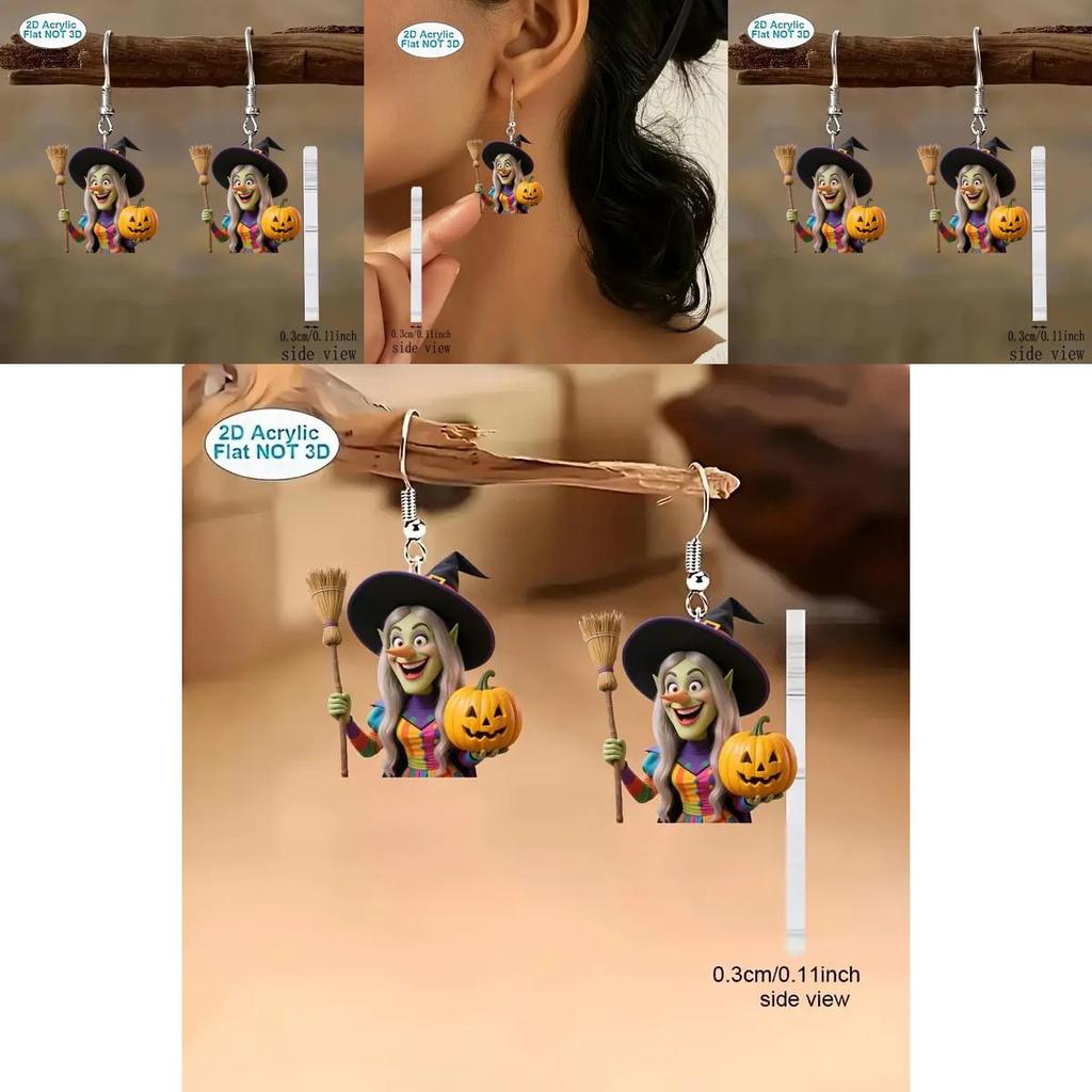Halloween Theme Witch Broom And Pumpkin Pattern Women Earrings For Women Costume Accessory Gift