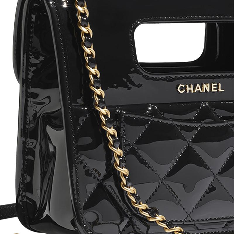 Chanel 23s Ромбовидный узор Цепочка Кожаная цепочка Лакированная кожа Материал Золотая фурнитура Ручная сумка-мессенджер Мини Женская Черный