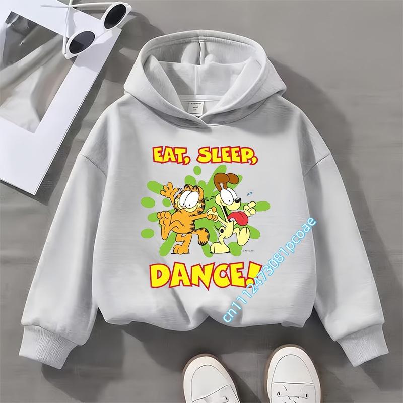 Garfield cartoon print children's hooded sweatshirt for boys, girls, casual top for women, long-sleeved for autumn and winter