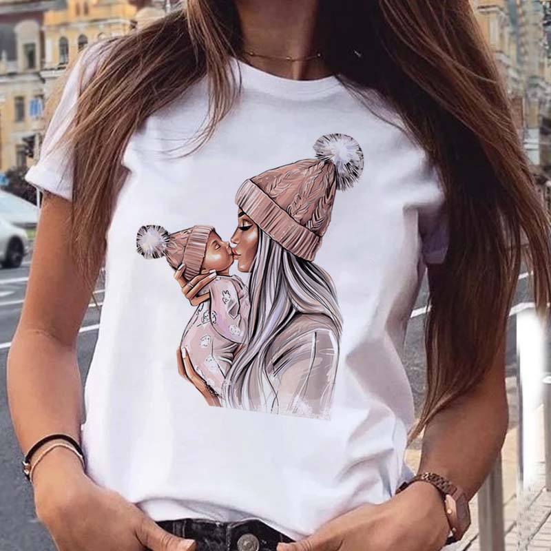 Женская футболка с рисунком «Мама, дочка, сын», женские футболки с принтом, топы с короткими рукавами, женская футболка с кавайным рисунком, женская футболка, одежда