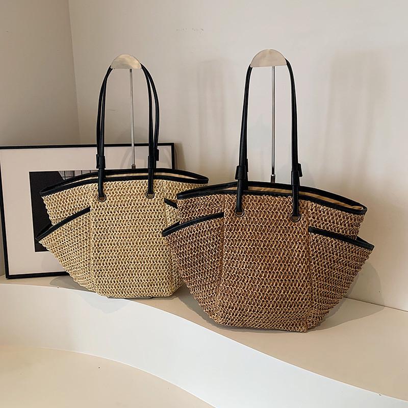 Summer Large Capacity Woven Tote Bag For Women With Zipper Closure For Beach Vacation And Daily Use