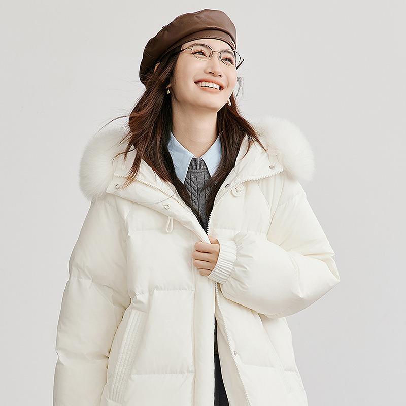 Shoulder inserted double zipper fox fur collar down jacket