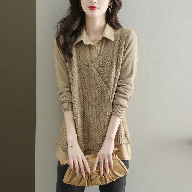 Autumn Loose Shirt Collar Sweater Fake Two-piece Pullover Top Women's Solid Long Sleeve Mid Length Knitted Sweater