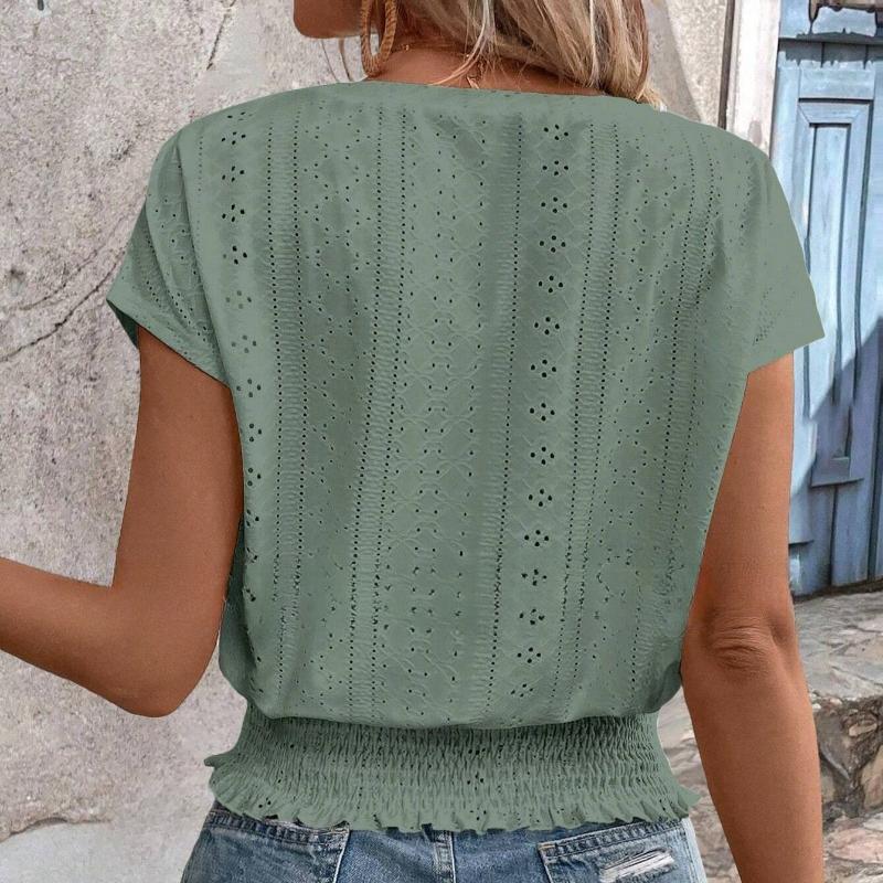 Летняя повседневная блузка с круглым вырезом из жаккарда с коротким рукавом, милые свободные женские рубашки, топы, элегантные однотонные узкие белые блузки для отпуска 26365