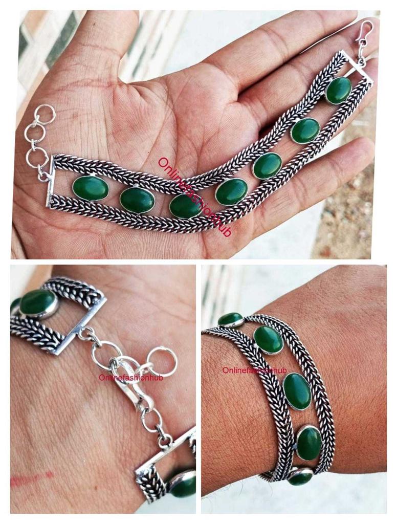 Green Onyx Gemstone 925 Sterling Silver Plated Oxidized Chain Bracelet CBb-b15