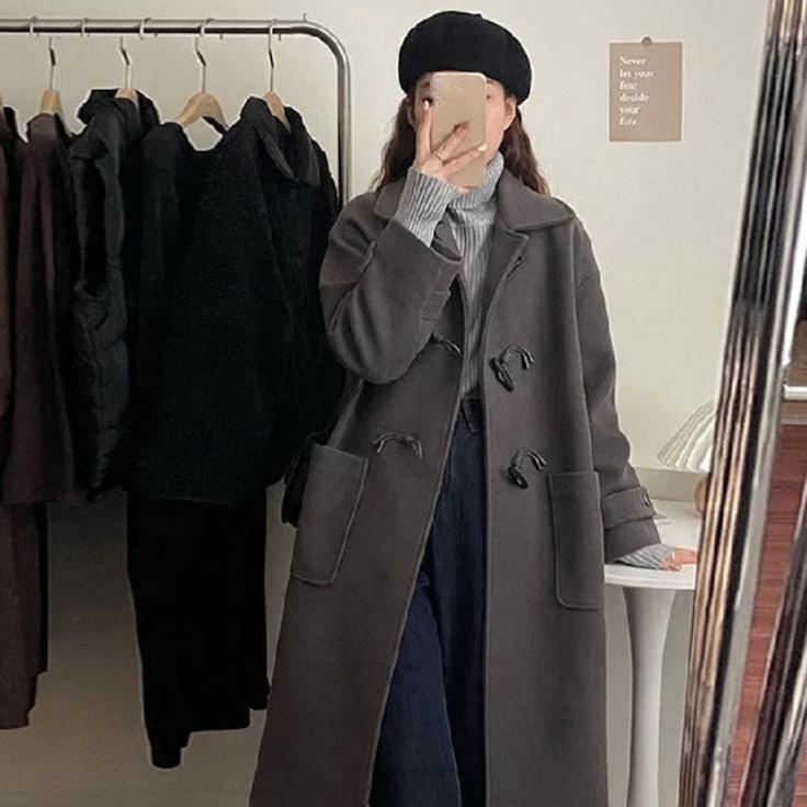 Женское длинное толстое пальто с пуговицами-рожками – верхняя одежда в японском стиле для осени и зимы