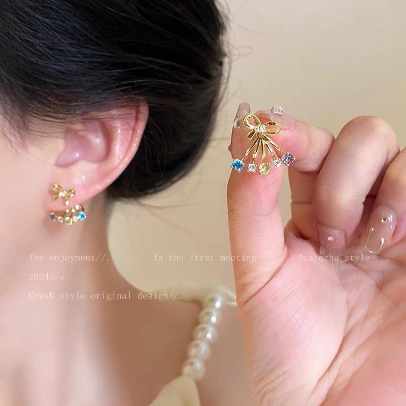 111 silver needle color zircon bow stud earrings women's s111 silver needle temperament new earrings high-end earrings