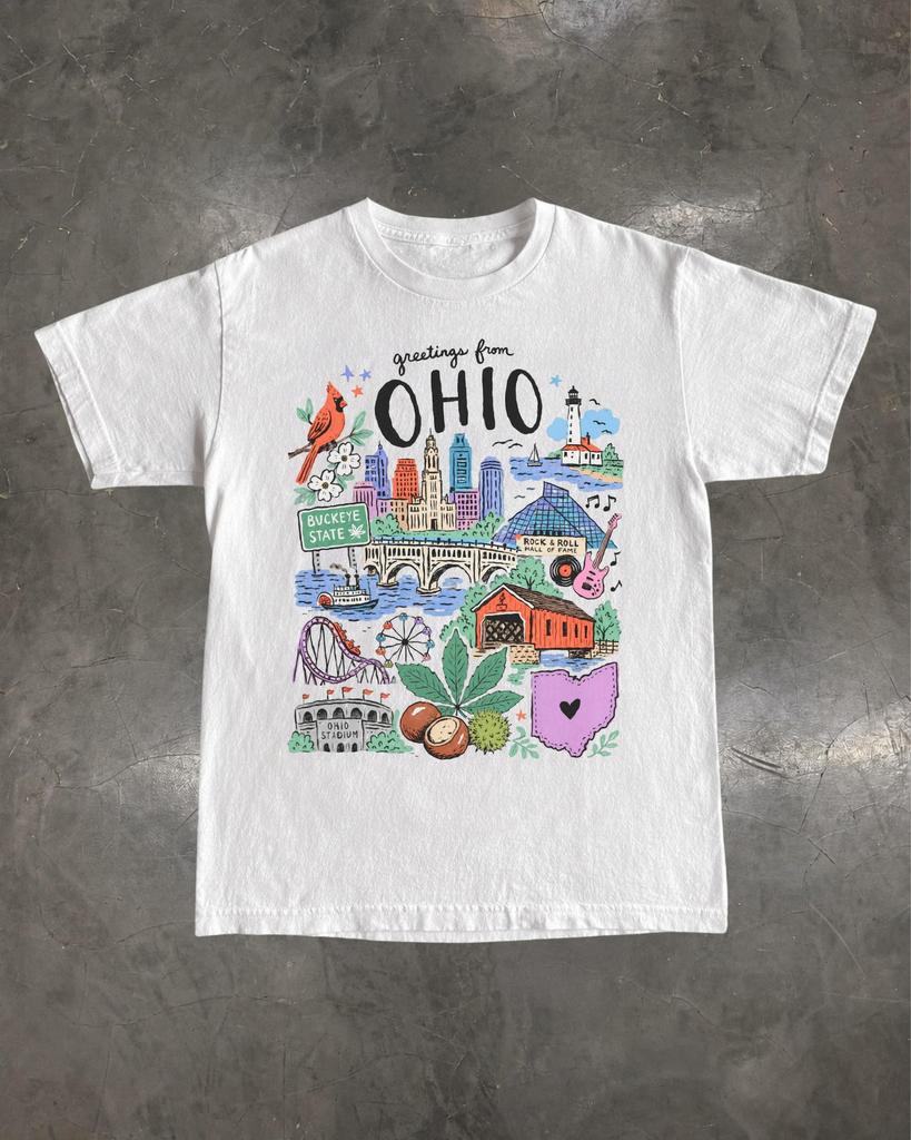 Ohio Graphic T-Shirt, Vintage Buckeye State Landmarks Travel Souvenir
