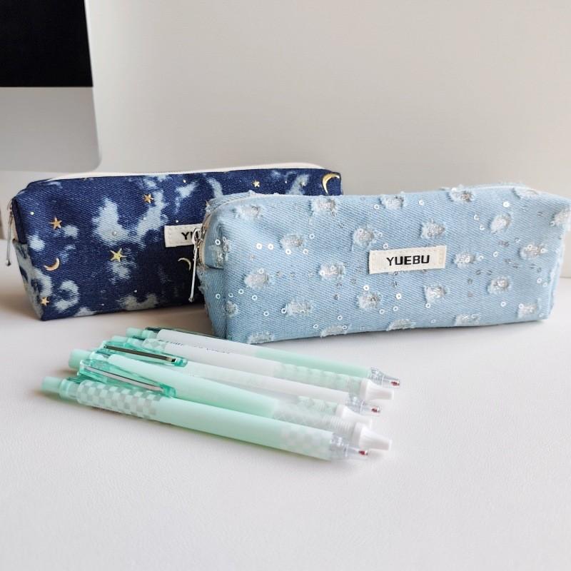 Water Washable Denim Sequin Pencil Pouch With Large Capacity For Students And Office Use