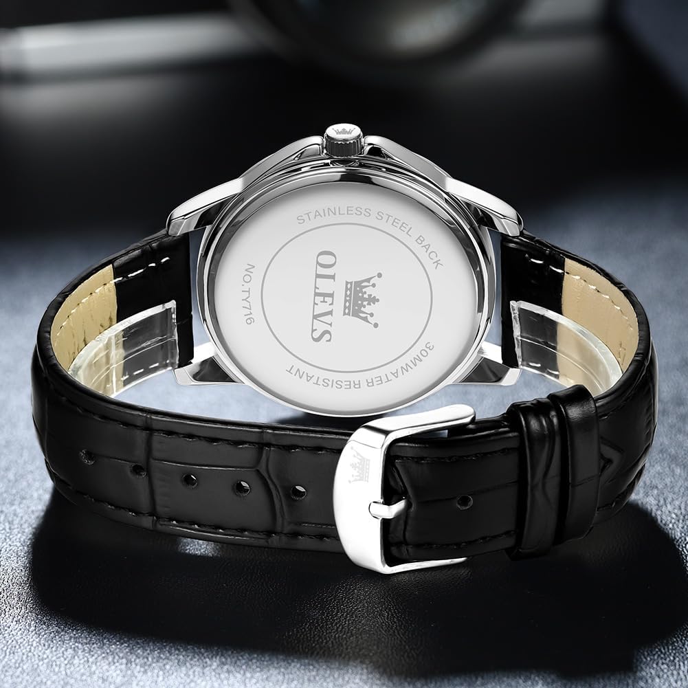 OLEVS Кварцевые популярные часы Простые стильные кожаные часы с водонепроницаемым календарем Роскошные классические часы с легким считыванием Модные студенческие часы для компании Черные мужские часы