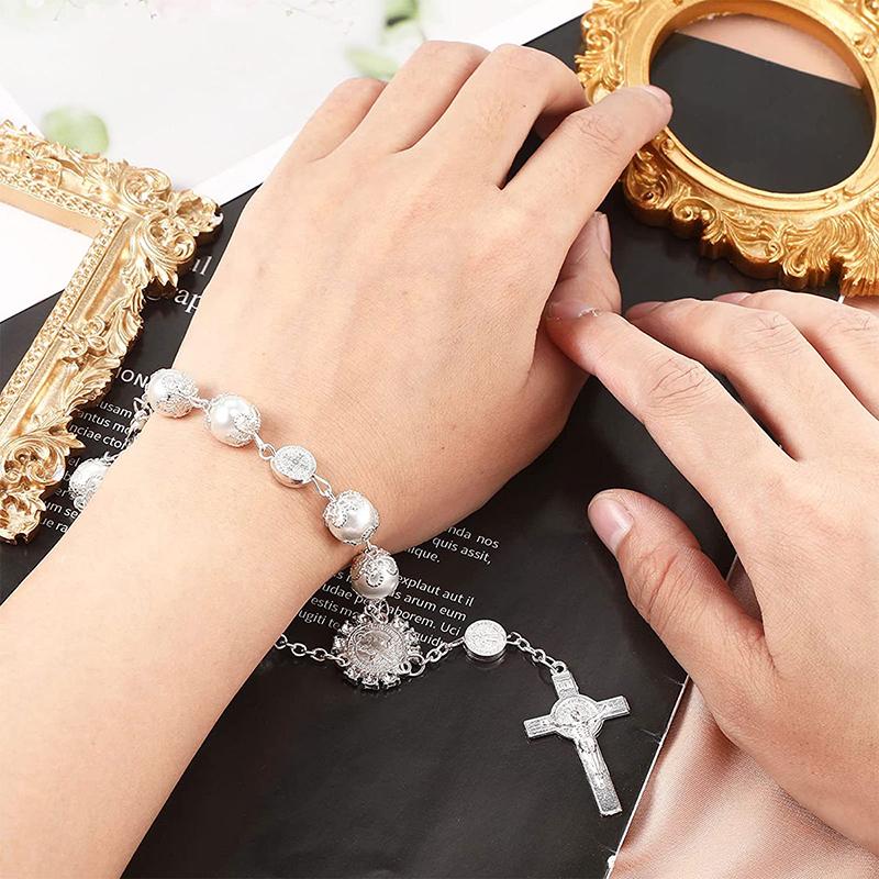 Car Pendant Bling Retro Imitation Pearl Metal Jesus Cross Car Rear View Mirror Hanging Ornament Cross Hanging Decoration