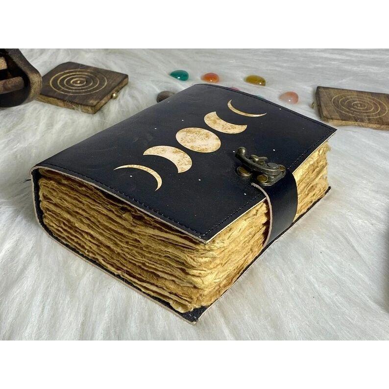 Moon Phase Leather Journal Handmade Celestial Notebook with Vintage Paper