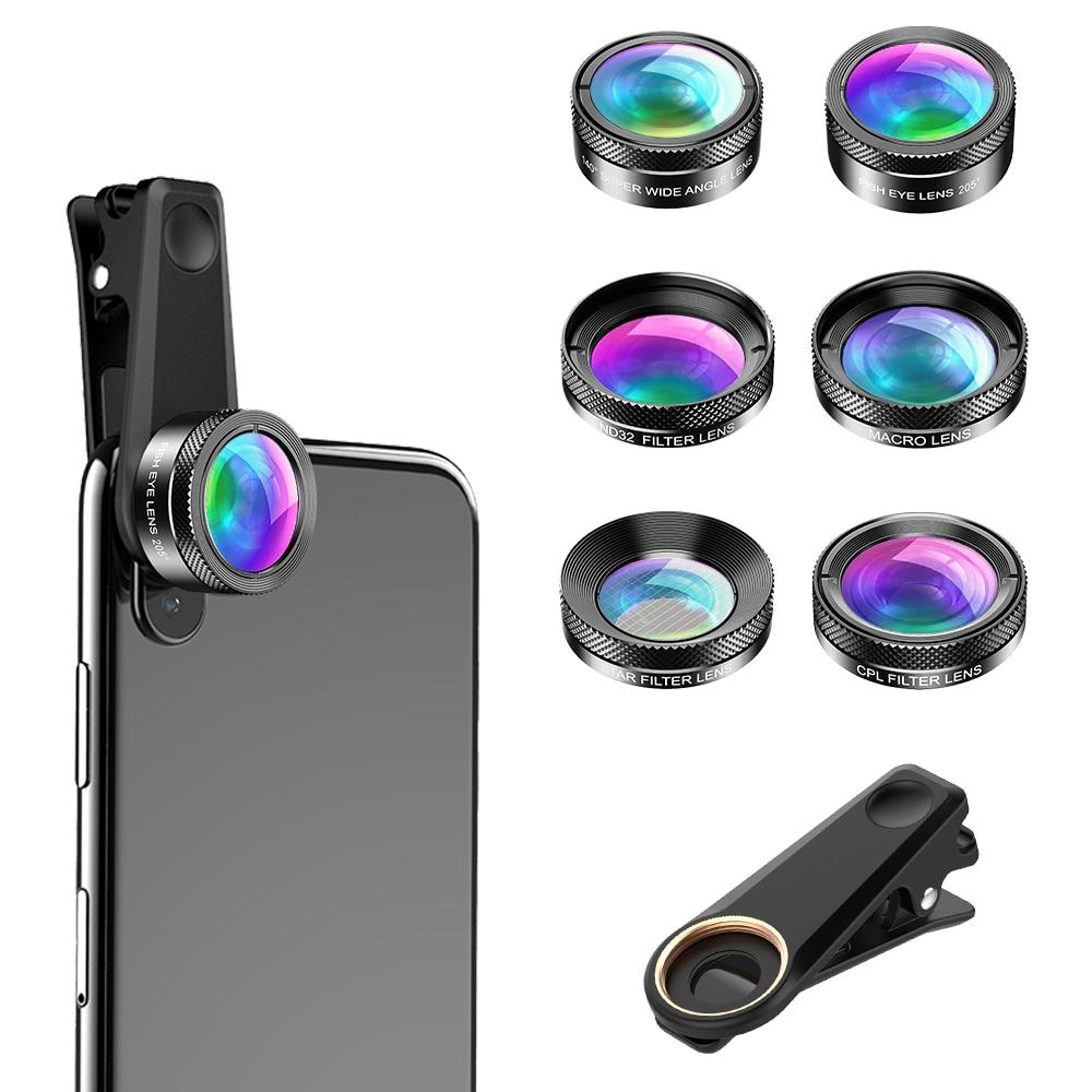 APEXEL Universal 6 In 1 Phone Camera Lens Kit Fish Eye Lens Wide Angle Macro Lens CPL/StarND32 Filter for Almost All Smartphones