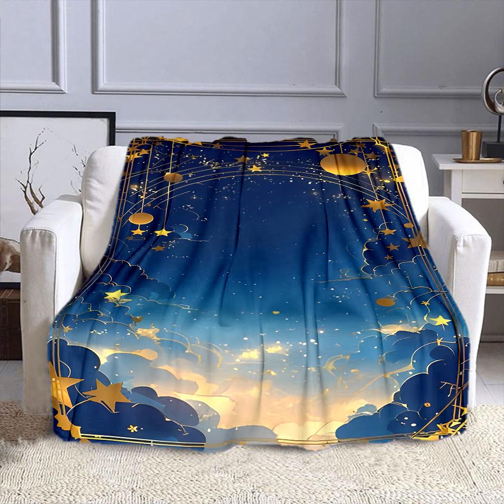 Golden Stars and Night Sky Design Patterned flannel blanket perfect for the bedroom living room, sofa, or a little nap