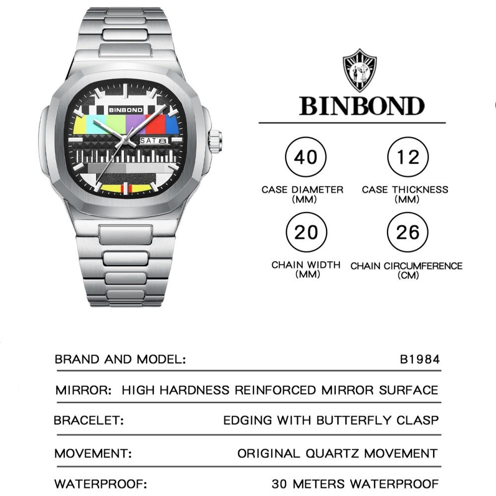 Binbond Творческие Мужские Часы с Циферблатом Телевизора Новая Мода Оригинальный Ретро Дизайн Люминесцентные Кварцевые Наручные Часы Для Мужчин С Календарем Недели