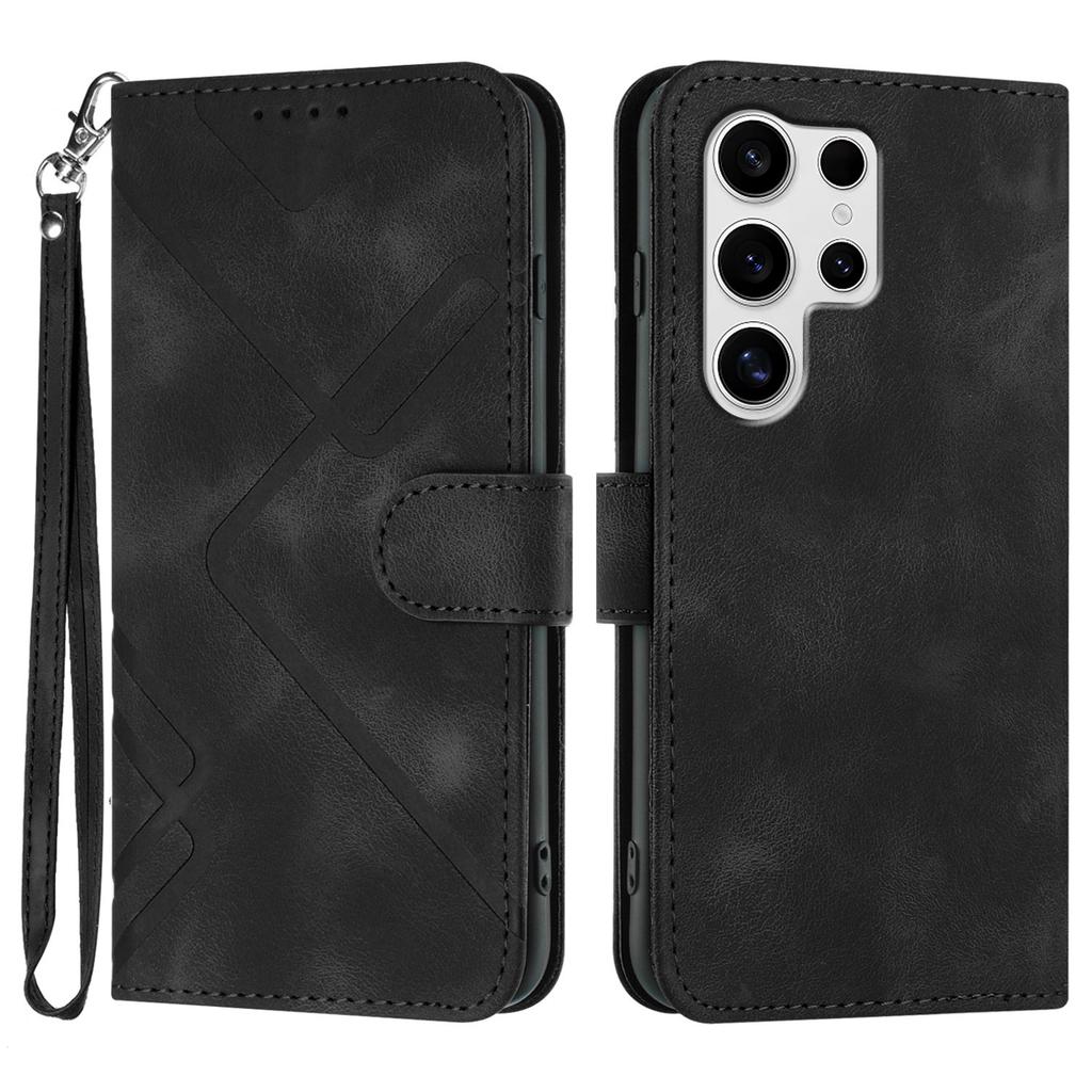 For Samsung Galaxy S25 Ultra Wallet Case Line Imprinted PU Leather Phone Cover with Strap