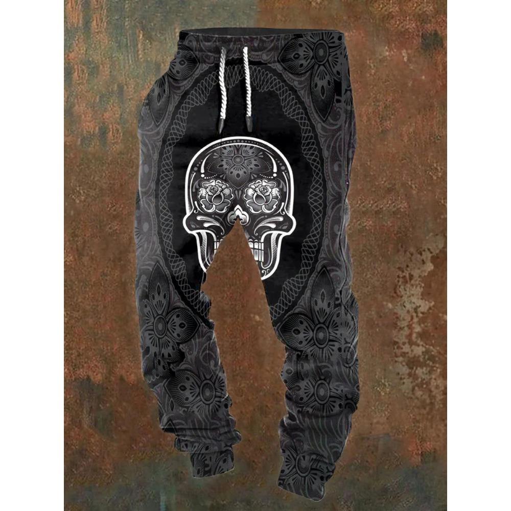 Men's casual jogging pants with drawstrings and Halloween skull prints, suitable for outdoor wear, autumn and winter fashion