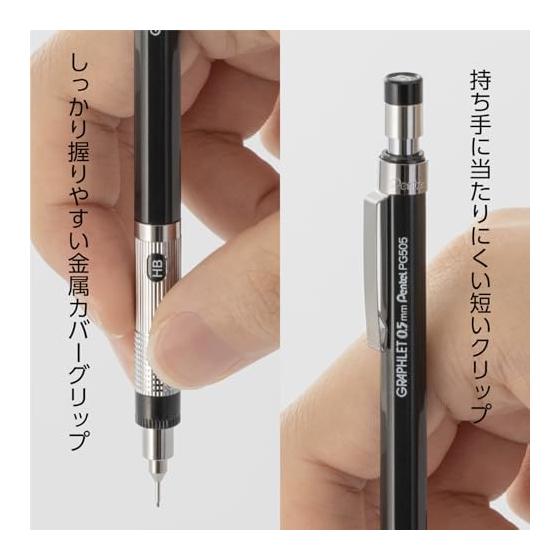 Механический карандаш Pentel Graphlet, PG505-AD, Металлический серый, 0,5 мм, Нескользящий рифленый захват, Индикатор твердости грифеля, Кнопочный механизм