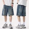 Retro Old Washing Ripped Denim Shorts Men's Summer Five-point Straight Pants