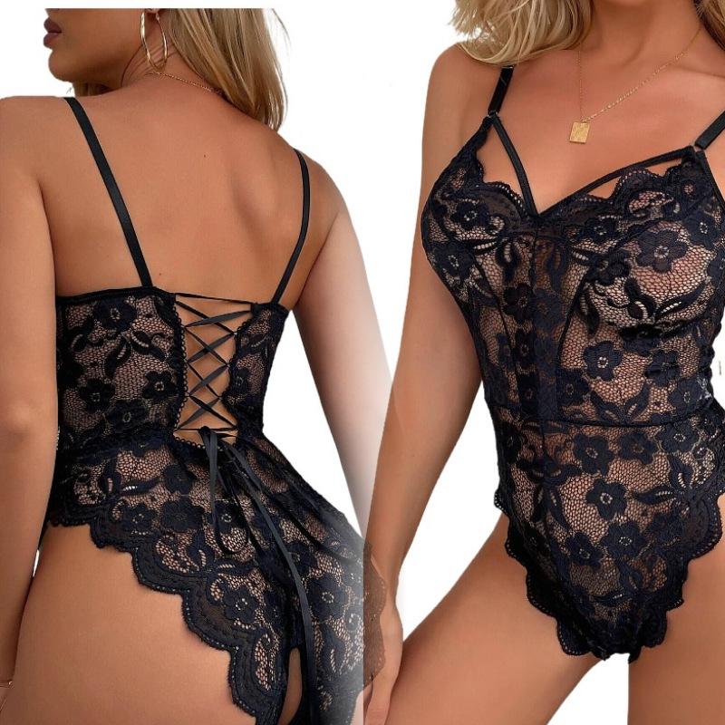 European & American Strappy Lace See-Through Open Crotch Backless Lingerie