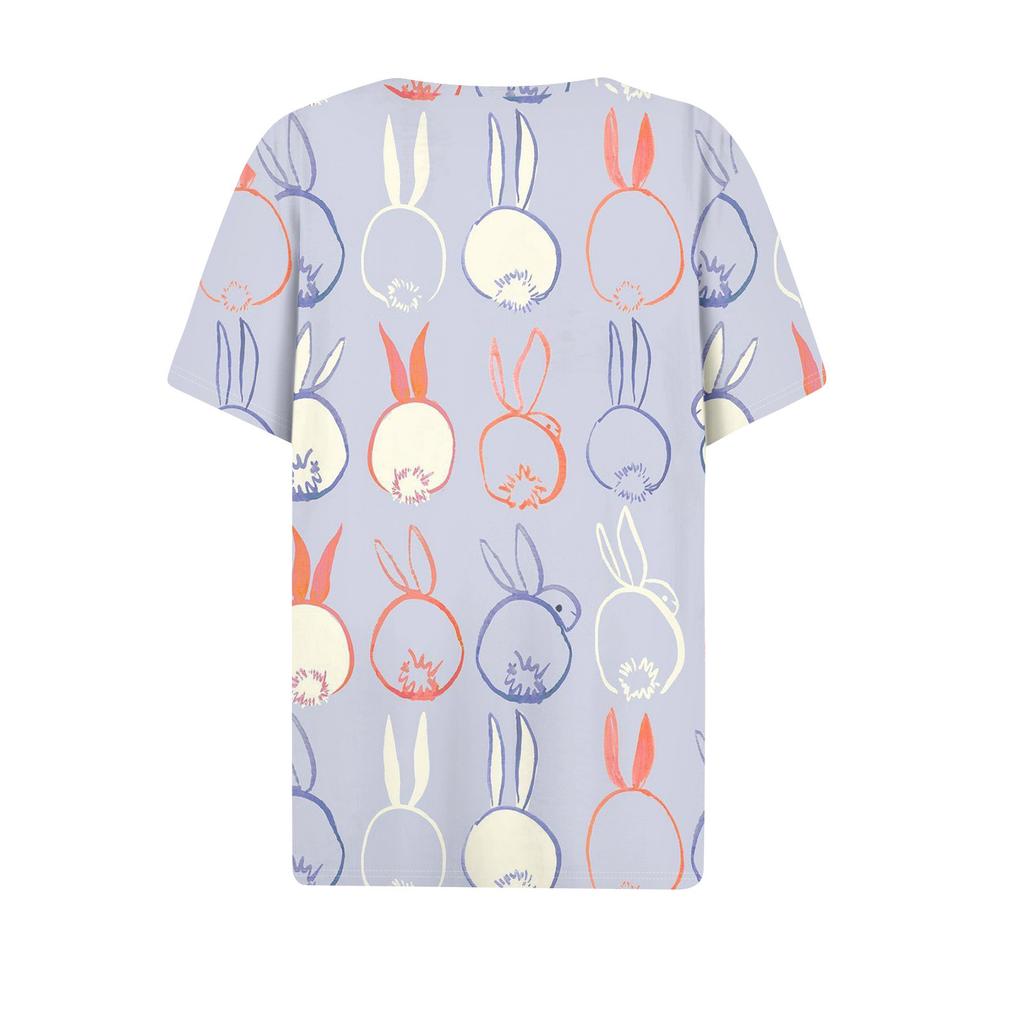 Women's Casual Print V-Neck Short Sleeve Decorative Button T-Shirt Top