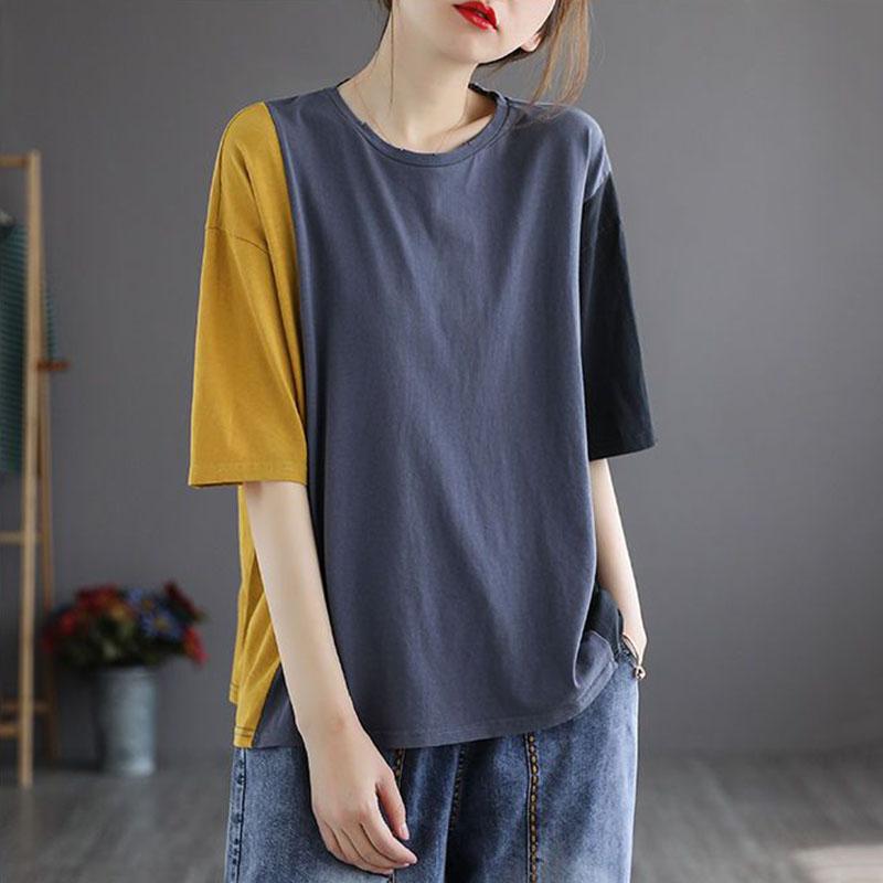 Футболка из 100% хлопка с короткими рукавами, женская свободная хлопковая летняя футболка большого размера с цветным контрастом, винтажный арт-топ женский