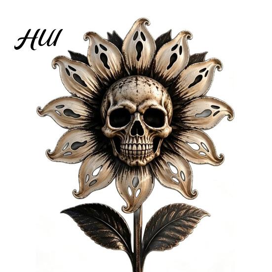 Spooky Outdoor Yard Ornaments Metal Skull Sunflower Garden Stake, 2D Gothic Ghost Petal Art Lawn Decorations Weatherproof Iron Halloween Decor