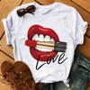 Women Summer T-shirt Red Lips Love Print White Crew Neck Short Sleeve T Shirts Casual Top For Girls