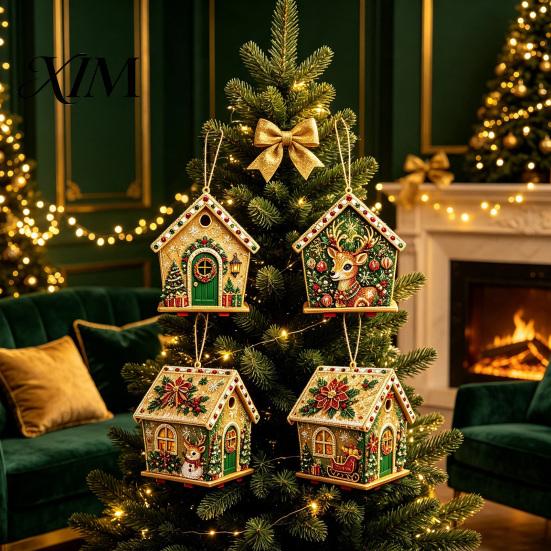 Holiday Celebration Supplies DIY Christmas Faux Pearl Art Painting Hanging Pendant Kit, 3D Bead Gingerbread Wooden Craft Project House Handmade