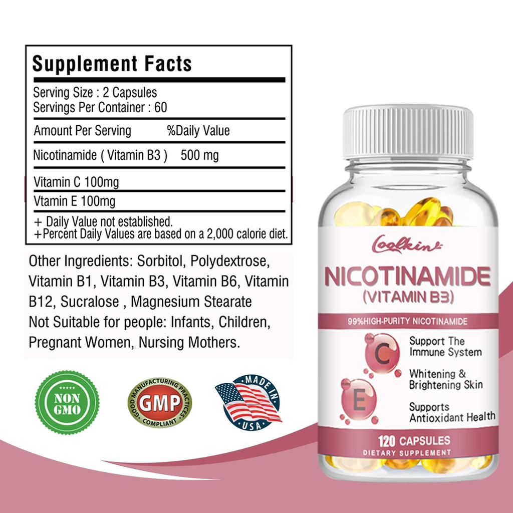 Nicotinamide, Vitamin B3 500 mg, antioxidant, reduces cell damage.
