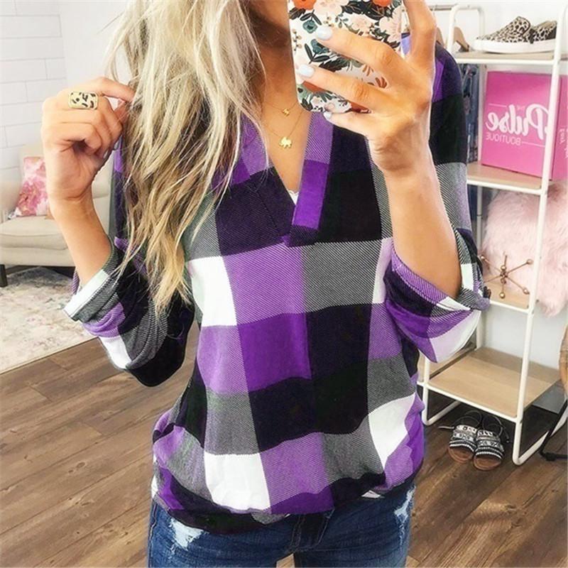 Women's Spring Autumn Shirt Checkered Printed V-neck Long Sleeved Top Blouses