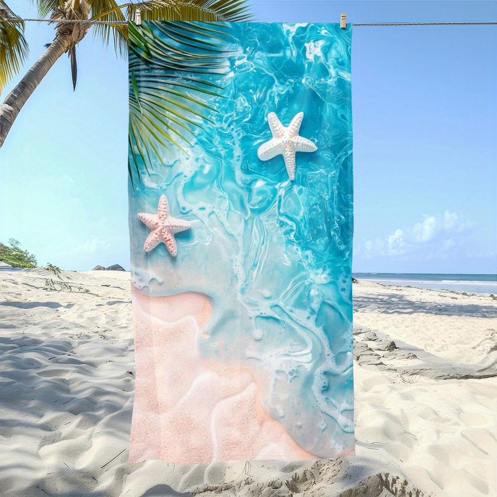 Ocean Wave Starfish Beach Towel, Vibrant Blue and Pink Swirl Art Quick-Dry Sand-Free Microfiber Bath Towel for Pool and Summer