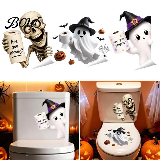 Waterproof Halloween Wall Stickers Toilet Sticker, Ghost And Skeleton Print Decals, PVC Easy Bathroom Decals Peel Stick Spooky Stickers, for