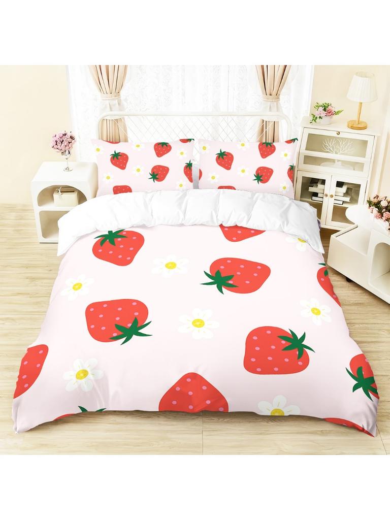 3pc Strawberry Print Bedding with Coreless Set Bedroom Living Room Multiple Sizes, Machine Washable, Soft and Comfortable