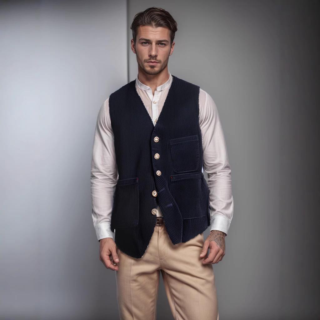 2024 Мужская вельветовая жилетка-куртка: Осень/Зима, Карманный дизайн, Однотонный, Однобортный