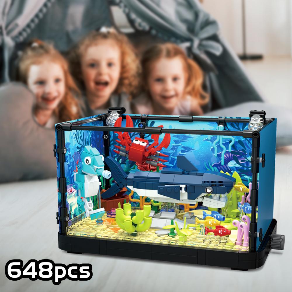 Fish Tank Building Kit with Lights MOC Marine Aquarium Marine Animal Building Blocks Toys for Kids 6+ Bricks Toys Gifts