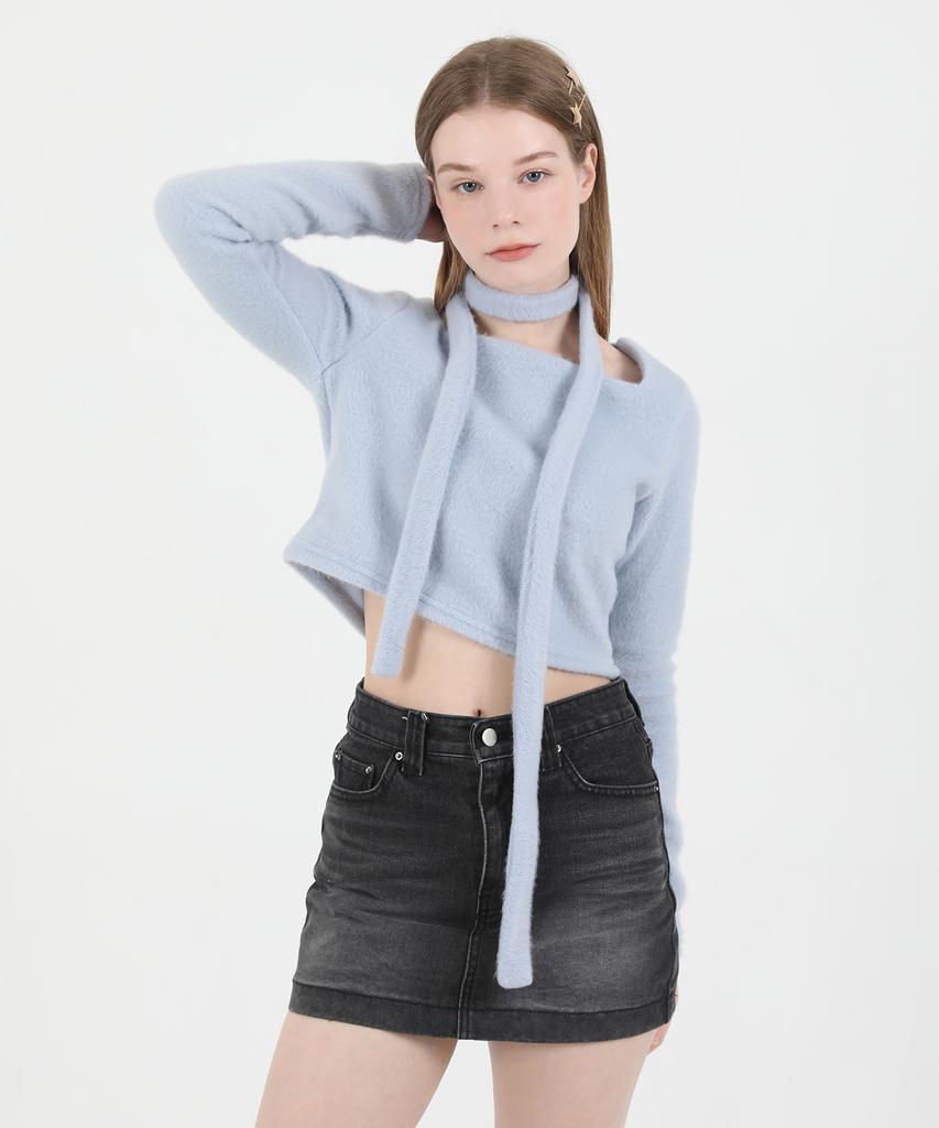 CATTLINE Square Neck Fur Knit T-Shirt & Scarf Set (Sky Blue)