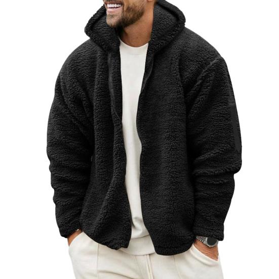 Men Fall Winter Coat Thick Plush Hooded Long Sleeve Zipper Closure Loose Cardigan Warm Cold Resistant Solid Color Soft Pockets Mid Length Men Jacket