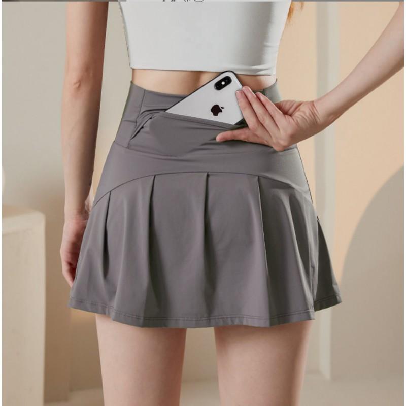 High-Elastic Ice Silk Tennis Skirt Women Pleated Sport Short With Pocket Quick-Dry Yoga Running Skort