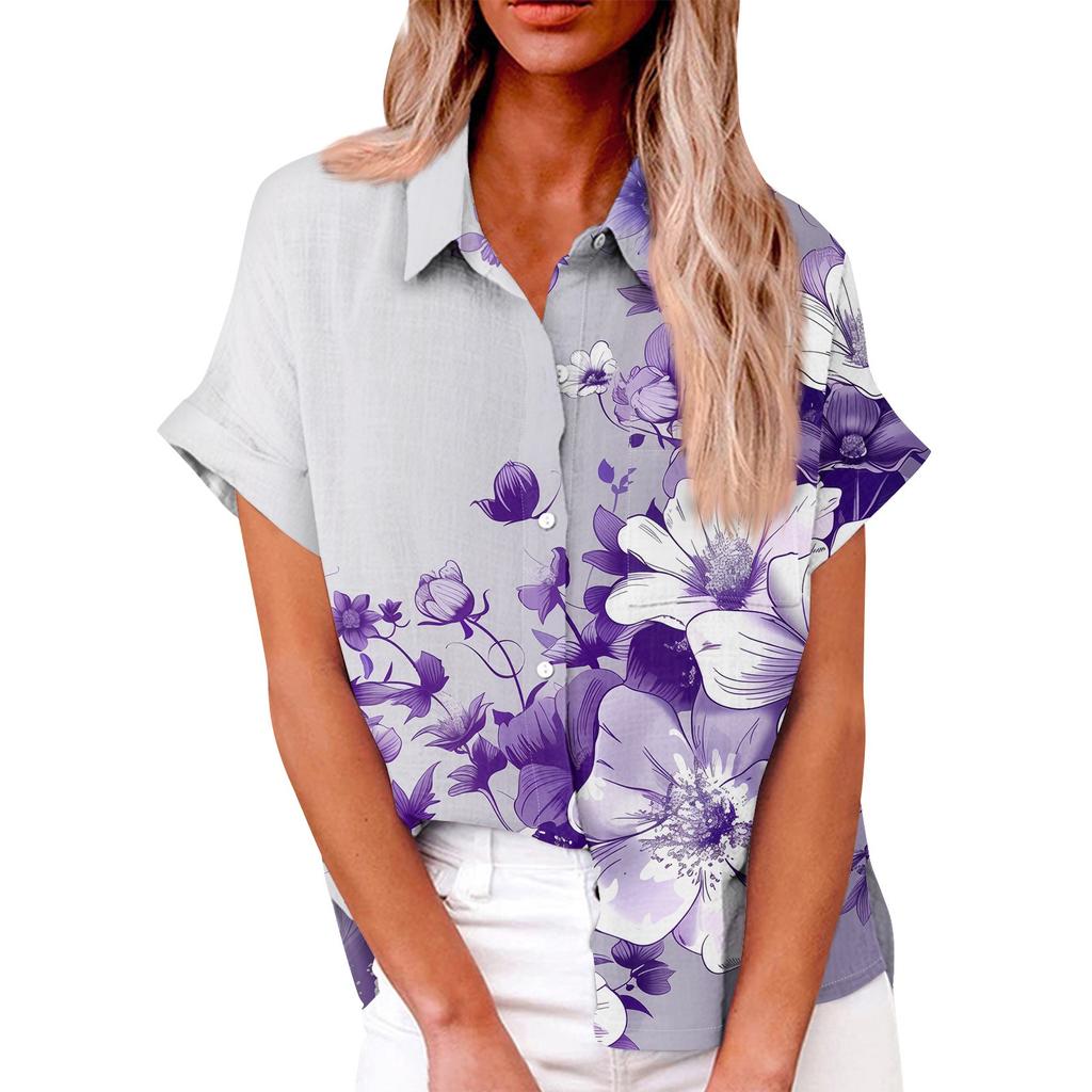 Женская модная свободная повседневная рубашка с коротким рукавом и отворотом на пуговицах, футболка с принтом, топ